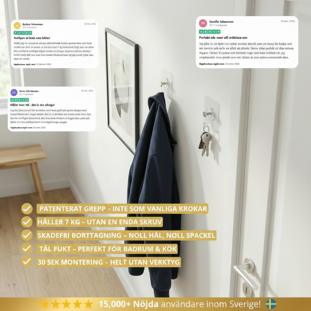 LundeMark™ – Väggkrokar med patenterat grepp – inga hål, inga märken
